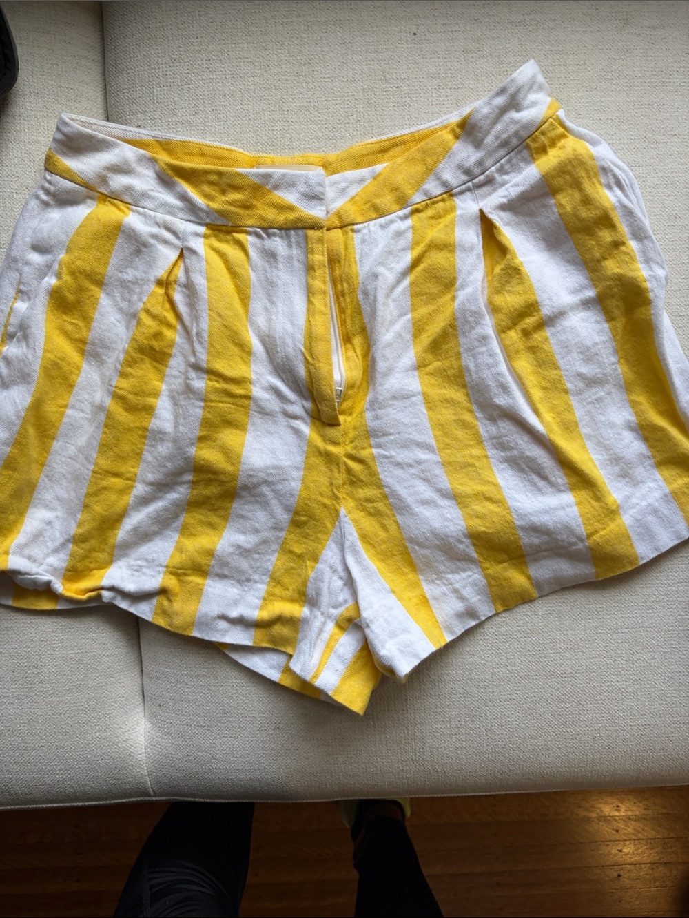 L'AGENCE Yellow and White Striped High-Waist Linen Shorts